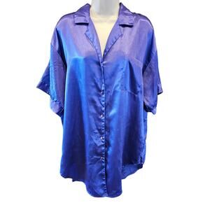 Nordstrom Pajama Shirt S silky Buttons Pocket Short Sleeve purple tunic length +